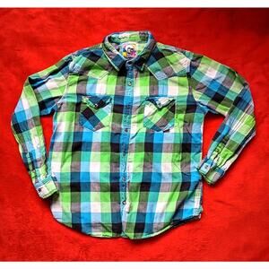Mambo Plaid Long Sleeve Shirt Pearl Snap Mens 2XL XXL Blue Green Western Casual